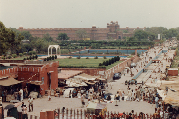 Red Fort in Old Delhi seen through a summer haze from steps of Jamma Masjid, 1985.